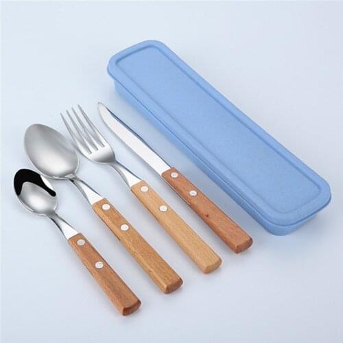 4pcs/set Teak Wood Handle Cutlery Set Stainless Steel Golden Knives Forks Spoons Cutlery Set Kitchen Tableware Dinnerware Set