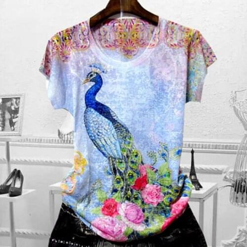 2020 summer new silk cotton printed t-shirt women short-sleeved hot drilling top tees plus size 4xl