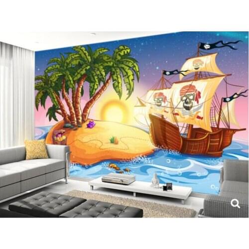 Custom papel de parede infantil,treasure island and pirate ship,3D cartoon mural for bedroom childrens room wallpaper