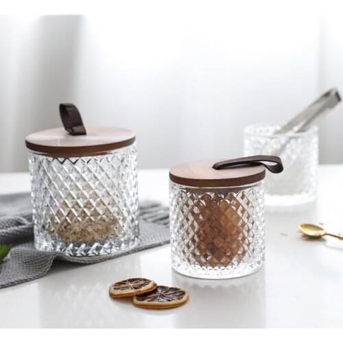 Diamond Pattern Glass Jar with Wooden Lid Handle Coffee Storage Tank Tea Spice Clear Can Food Container Kitchen Accessories