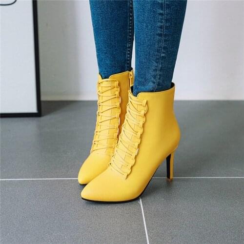 YMECHIC 2019 Fashion Cross Strap Stiletto Sexy Womens Shoes Yellow White Pointed Toe Thin High Heels Wedding Party Ankle Boots