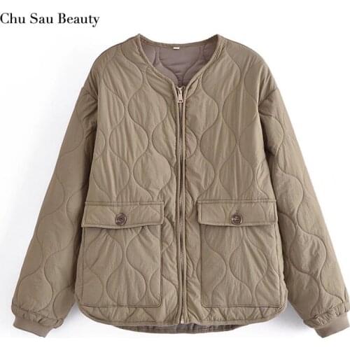2021 ZA Womens Autumn And Winter Double-Sided Padded Jacket, Loose Parka Coat, Long-Sleeved Button Pocket Womens Warm Jacket