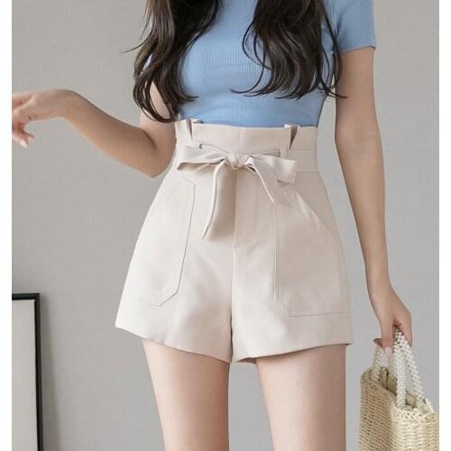 2021 New Korean Style Flower Bud High Waist Chiffon Shorts Women Summer Black All-Match A-Line Wide-Leg Shorts With Belt D5197