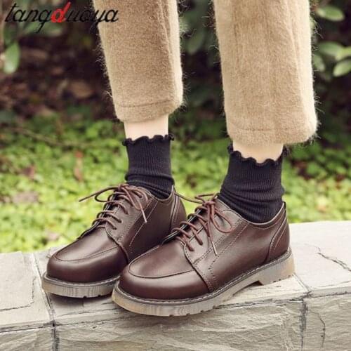 Women Platform Oxford Shoes 2021 Autumn Vintage Brown Leather Flats Lace Up Women Fashion Loafer Shoes Black Oxford Shoes