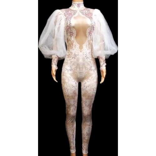 Pink Rhinestones Lace Foam Long Sleeves Slim Womens Dancing Stage Performance Jumpsuits Sexy Female Stretch Elastic Costumes
