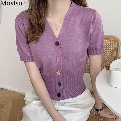 Korean V-neck Cardigan Women Summer Short Sleeve Single Breasted Colorful Buttons Slim Knitwear Sweater Vintage Solid Jumpers