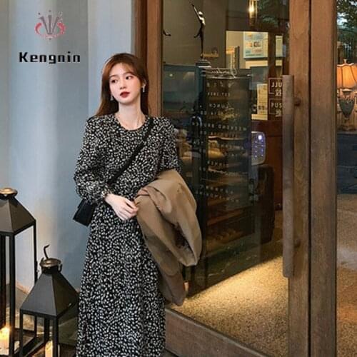 Black Color Long Sleeve Women Dress 2021 Spring Autumn Print Floral Fashion Female Vestidos O-Neck A-Line Robe Plus Size KE875