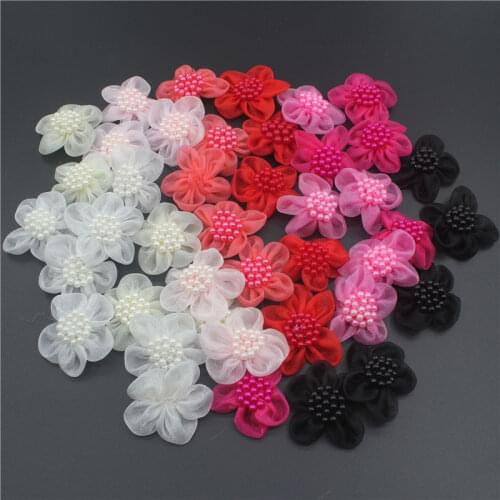 20pcs 4.5cm Cute Voile Ribbon Pearl Flower for DIY Baby Girl Headwear Centerpiece Wedding Dress Romper Shoes Clothes Accessories