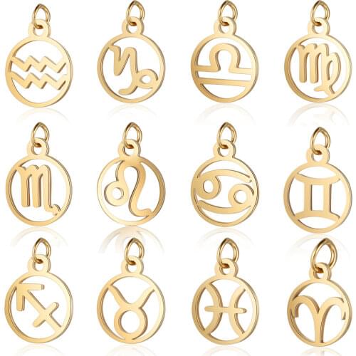 10pcs/lot Stainless Steel Steel Color 12 Zodiac Charm DIY Constellation Charms with Jump Ring for Making Jewelry Accessories