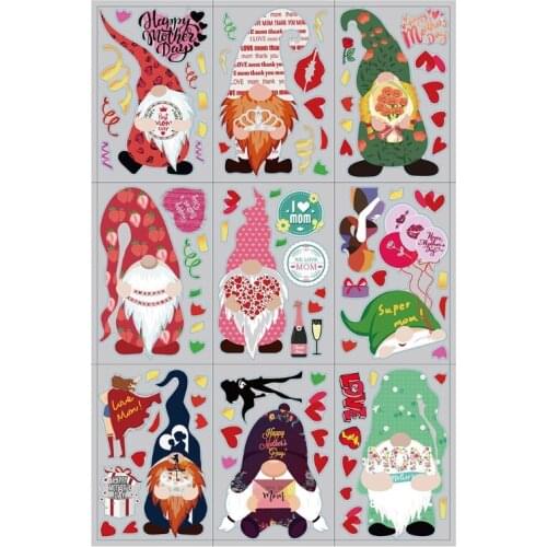 9 Sheets Happy Mothers Day Gnome Dwarf Static Stickers Door Wall Window Clings Decals for Home Office Party Decoration