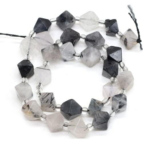 Natural Stone Black Rutilated Quartz Beaded Fashion Irregular Rhombus Beads for Jewelry Making DIY Bracelet Accessories 12mm