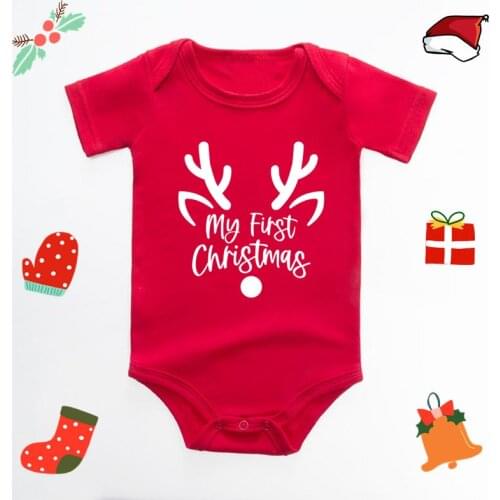 Its My First Christmas Reindeer Print New Years Baby Clothes Red Bodysuit Cotton Christmas Romper Cute Infant Jumpsuit