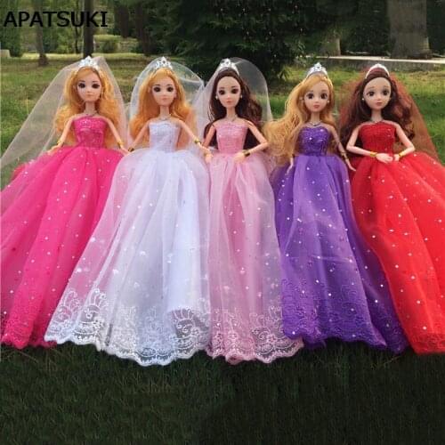 Colorful Doll Dresses For Barbie Doll Lace Evening Gown Clothes Wedding Dress & Veil 1/6 Doll Accessories