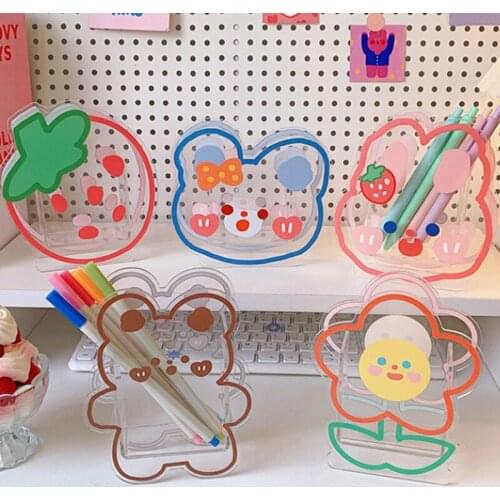 Bear Rabbit Strawberry Acrylic Pen Holder Desk Organizer Storage Box Stationery