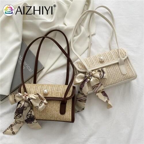 Fashion Women Handbags Straw Woven Silk Scarf Underarm Pearl Top-Handle Flap Small Beach Handbags Women Summer Bags
