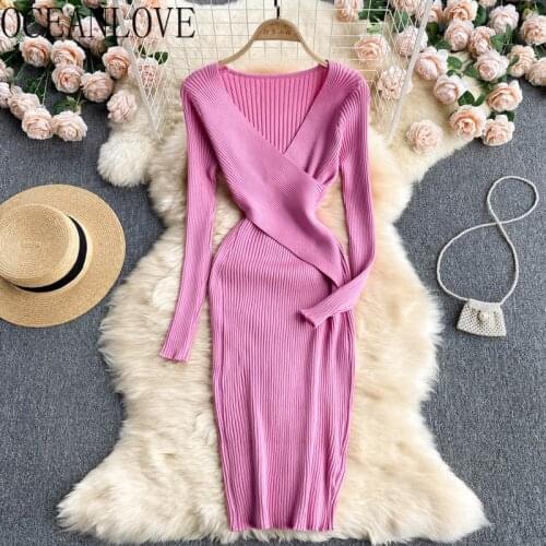 OCEANLOVE Sexy Dress for Women 2021 Solid V Neck High Waist Knitted Vintage Robe Femme Autumn Winter Korean Vestidos Stretch