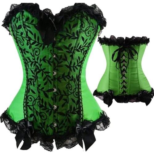 Sexy Women Green Laced Satin Bowknot Corsets Overbust Fashion Floral Pattern Bustier Boned Lace Up Plus