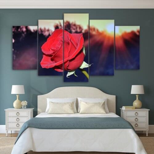Modern Home Decor Poster Modular Oil Painting 5 Pieces HD Printed Sunset Red Rose Flowers Canvas Wall Art Pictures Frame