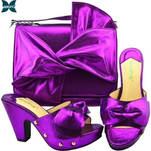 2020 Italian Design Ladies Shoes and Bag Set Peep Toe Sandal African Women Shoes Matching Bag in Purple Color For Wedding