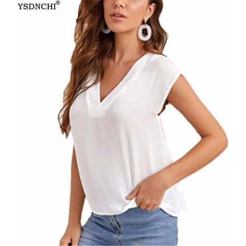 YSDNCHI Female Casual Summer Top Solid Shirt Ladies V Neck Loose Tee Tops Womens Solid Top Vestidos Mujer Solid Chiffon Blouse