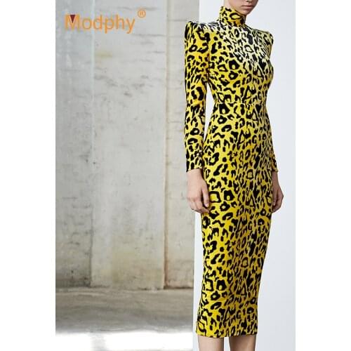 2020 Winter New Fashion Leopard Print Long Dress Elegant Women Long Sleeve Bodycon Dress Celebrity Evening Party Runway Vestidos