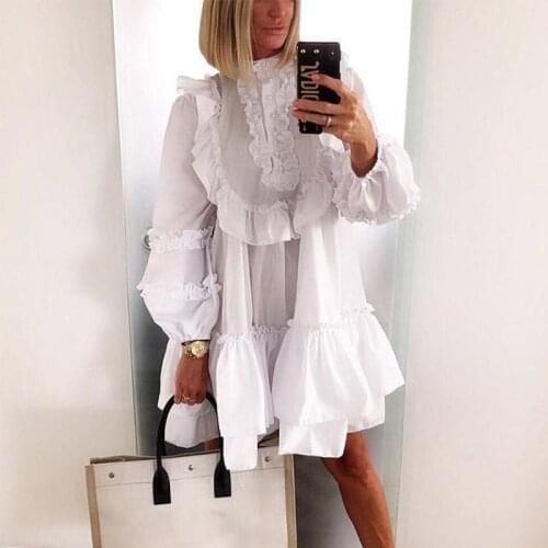 Autumn Loose Lantern Sleeve Dress 2020 Women Long Sleeve Midi Dress White Elegant Ruffles High Neck Party Vestidos