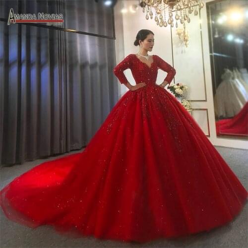 2021 red wedding dress with long lace sleeves bridal dress red color evenings