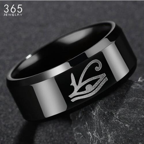 365 Punk 8mm Black Eye Of Horus Rings For Men Stainless Steel Egyptian Talisman Biker Ring Wedding Band Party Jewelry