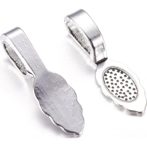 400pcs Leaf Shape Antique Silver Glue on Bails 26x8x7mm Lead Free & Cadmium Free & Nickel Free Flat Pad Pendant Hanger Connector