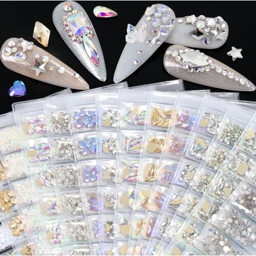 6 Grids 1100/60PCS Mixed Shapes White AB Colorful Glass Crystal Diamond SS6-SS20 Flatback Nail Art Rhinestone Manicure For Nails