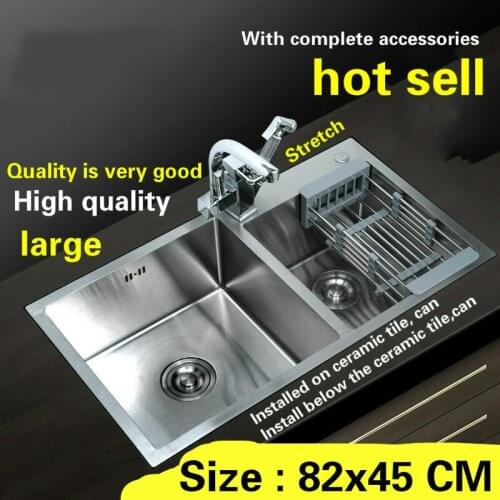 Free shipping hand made stainless steel household standard large kitchen sink durable double groove hot sell 82x45 CM