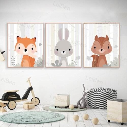 Childrens Room Art Posters And Prints Cartoon Animals Fox Rabbit Deer Canvas Painting On The Wall Home Decoration Kindergarten