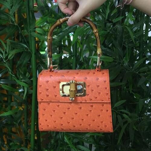 Elegance Summer Bamboo Handbag Women Orange Ostrich Leather Women Shoulder Bag Ostrich Leather Tote Hand Bags
