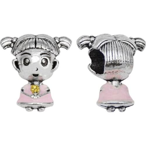 Julie Wang 2PCS Enamel Pink Girl Beads Alloy European Big Hole Spacer Beads Bracelet Jewelry Making Accessory