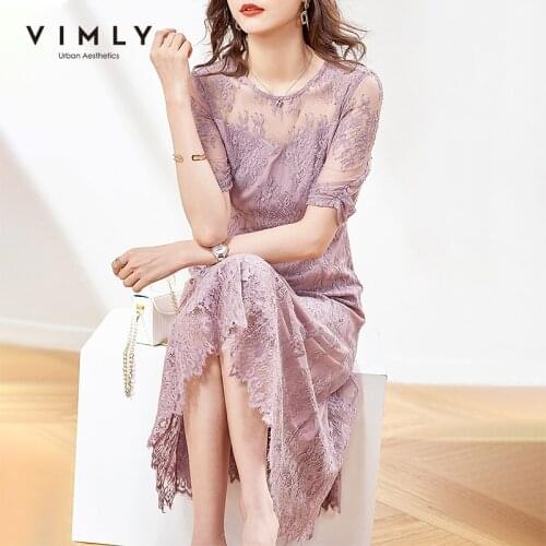 VIMLY Summer Womens Dresses Elegant Patchwork Lace Dress 2021 New High Waist Pleated Dresses Office Lady Long Dress F7268