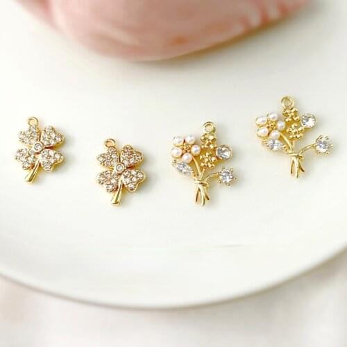 Copper-plated 18K gold exquisite fairy zircon pearl bouquet Lucky clover pendant DIY earrings necklace material