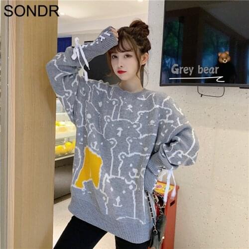 Cute Student Knitted Sweater Women 2020 New Korean Loose Cute Bear Cartoon Print O-Neck Pullover Sweater New Autumn Kawaii Top