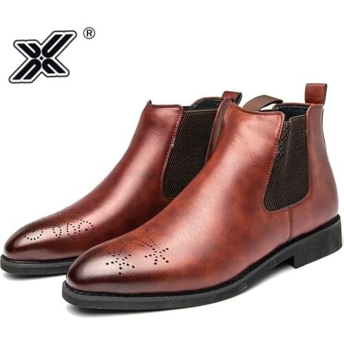 X Brand Mens Chelsea Ankle Boots Red British style Pointed Toe Genuine Leather Shoes Men Handmade Slip on Short Boots Men 2021
