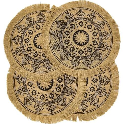 Round Placemats Set of 4,Boho Woven Jute Table Mats with Pompom Tassel for Dining Room Kitchen Table Decor