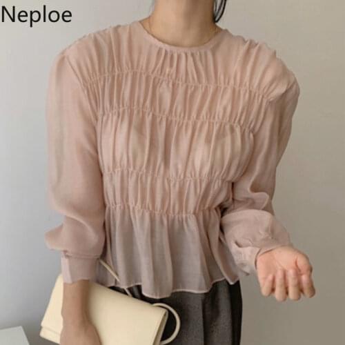 Neploe Korean Ins O Neck Puff Long Sleeve Blouse Solid Pleated Design Perspective Blusas Spring Summer 2021 New Shirt 48902