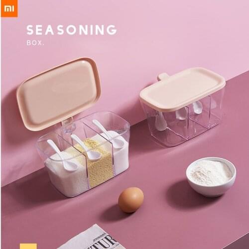 New xiaomi Seasoning box home kitchen seasoning storage box plastic three grid seasoning jar with spoon spice box anti-Dust