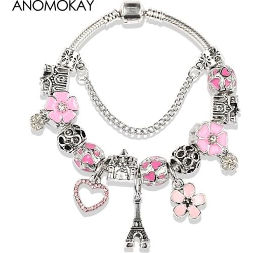 Dropshipping Romantic Pink Enamel Crystal Flower Charm Bracelet Silver Plated Eiffel Tower Diy Women Bead Bracelet