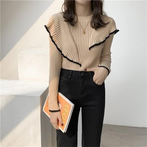 2020 New Korean Style Flounced Stitching Pullover Sweaters Slim Warm Thick Knitted Tops Basic Bottoming Knit Sweater