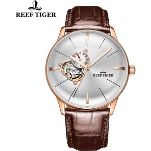 Reef Tiger/RT Luxury Casual Men Automatic Watch Rose Gold Tourbillon Convex Lens Mechanical Watches Genuine Leather Strap Clock