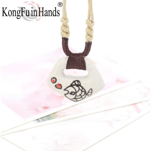 Handmade Ceramic Pendant Necklace For Women Fish Pattern Rope Chain Classic Style New Arrivals Sweater Chain Adjustable
