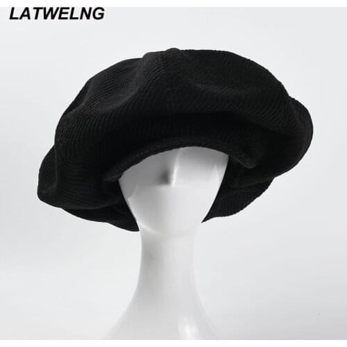 2021 Autumn Winter Black Corduroy Octagonal Hat For Women Designer Large Version Cloud Hat Retro Painter Hat Wholesale