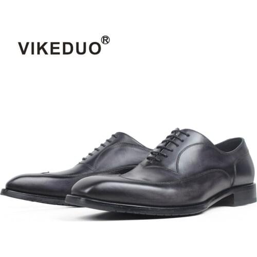 VIKEDUO Black Gray Oxford Wedding Office Dress Shoes For Men Genuine Cow Leather Brogue Patina Mans Footwear Zapatos de Hombre
