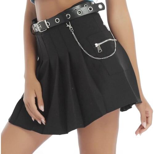 Black High Waist Belted Chain Pleated Punk Gothic Skirts Women Ladies Slim Fit Harajuku Miniskirt with Side Pocket Streetwear