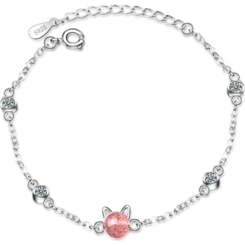 Personality temperament wild fresh sweet cute pink crystal cat female models silver plated bracelets JO047