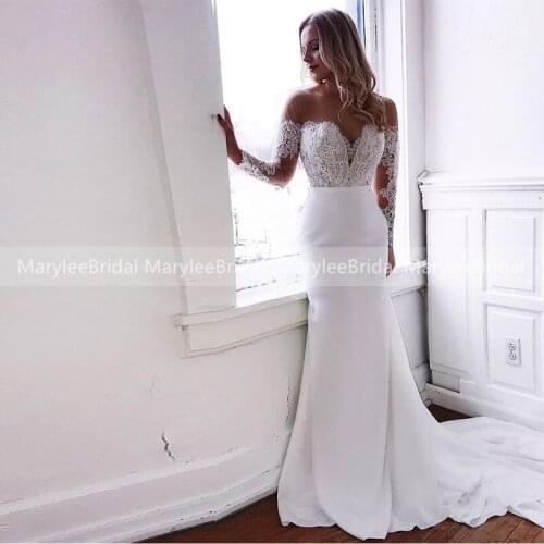 Appliqued Long Sleeves Mermaid Wedding Dresses Sheer O-neck Nude Tulle Robe De Mariee White Bridal Dress vestido de novia